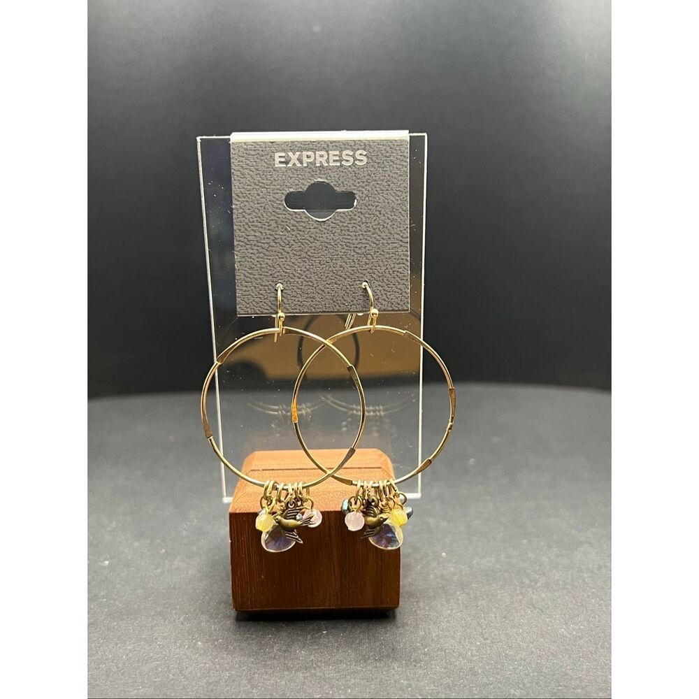 Express Gold Tone Beaded Swallow Bird Charm Hoop Earrings